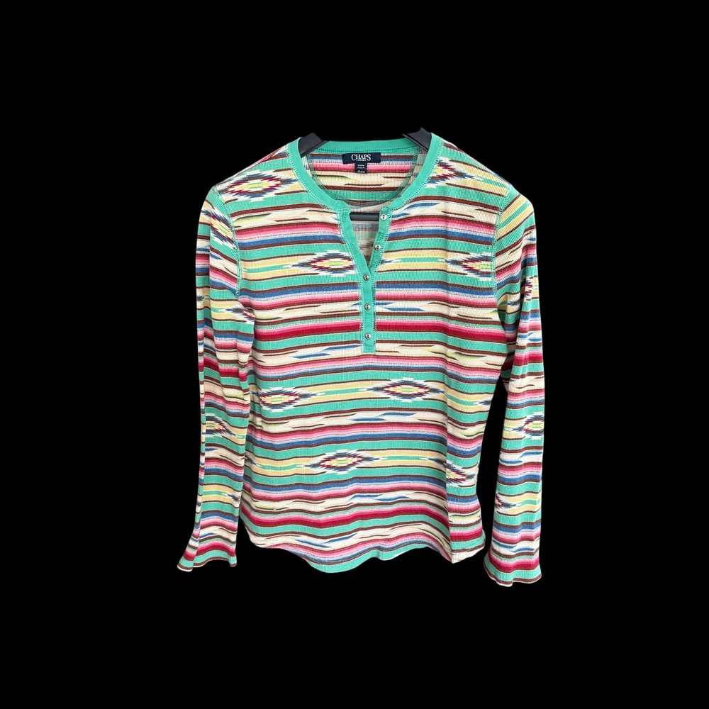 Chaps Denim Womens M Henley Shirt Southwestern Ikat Aztec Waffle Knit Thermal